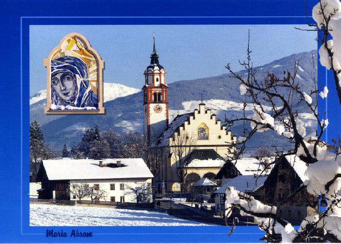 Postkarte: Basilika Absam mit Giebelmosaik mit 450 x 300 cm